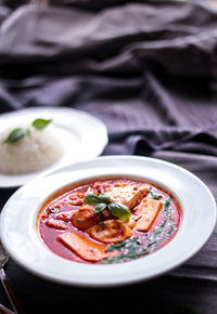 High angle view of soup in bowl on table