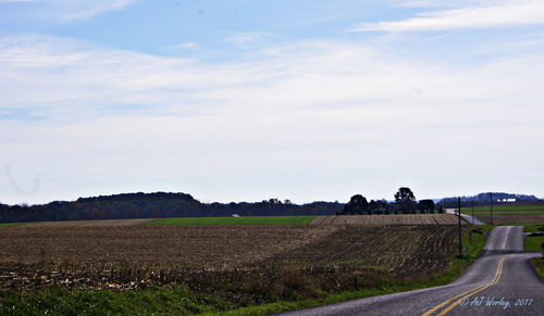 Road by agricultural field against sky