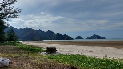 Scenic view of land and mountains against sky