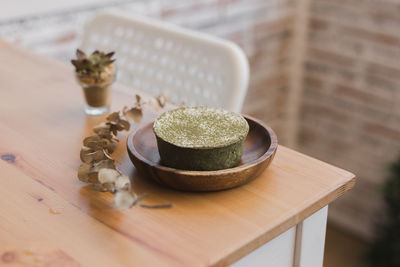 Close-up of cake served in bowl on table
