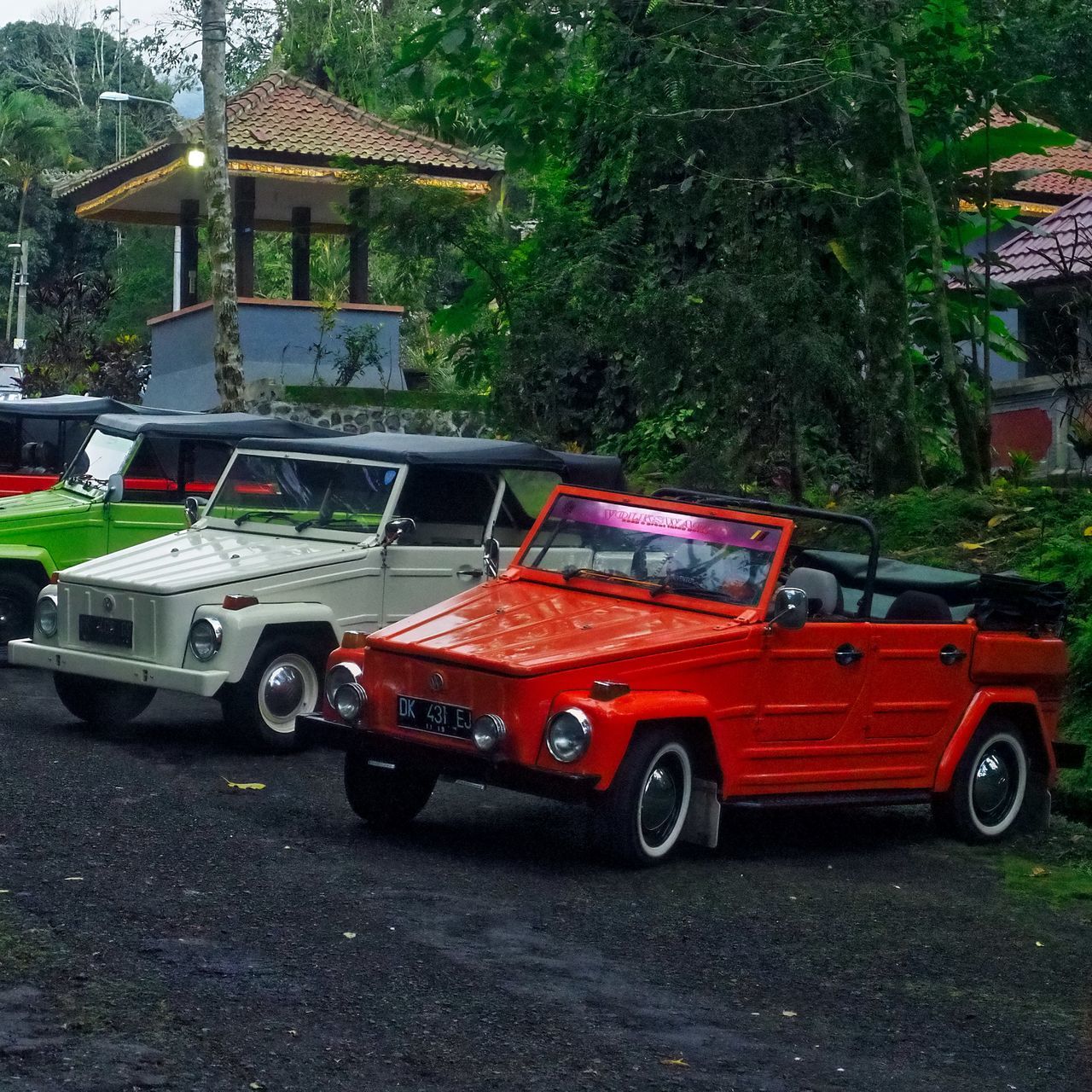 VINTAGE CAR ON STREET IN CITY AGAINST TREES