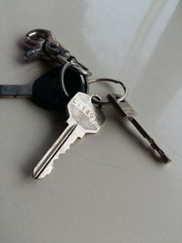 High angle view of padlocks on table