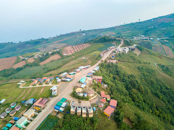 High angle view of agricultural field against sky