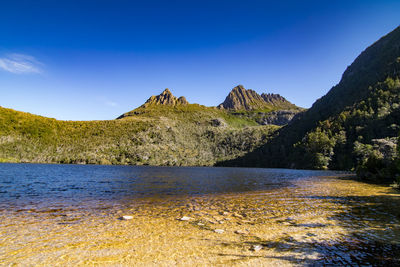 Scenic view of lake and mountains against blue sky