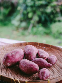 Close-up of fruits in basket on table