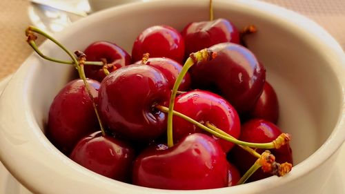 High angle view of cherries in bowl