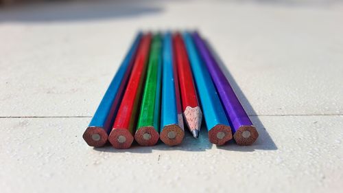 High angle view of pencils on table