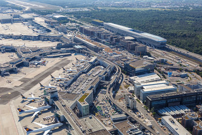 High angle view of buildings in city