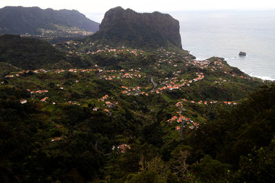 High angle view of trees and mountains