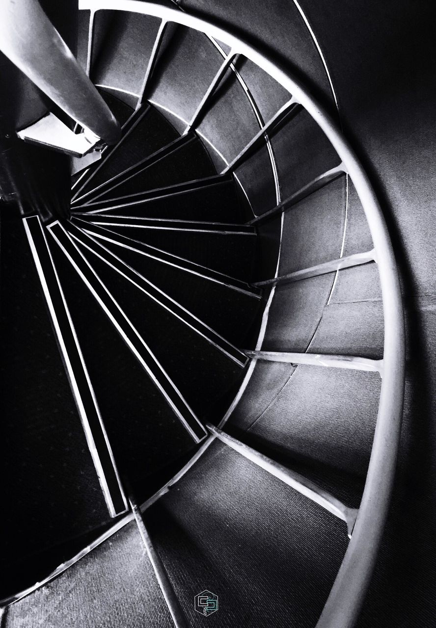 staircase, steps and staircases, high angle view, steps, railing, spiral, spiral stairs, no people, indoors, architecture, hand rail, close-up, day