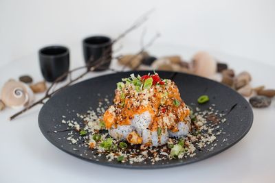 Close-up of food in plate on table