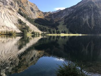 Scenic view of lake and mountains against sky