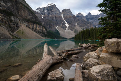 Scenic view of lake and mountains against sky