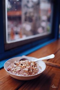 Close-up of breakfast served on table