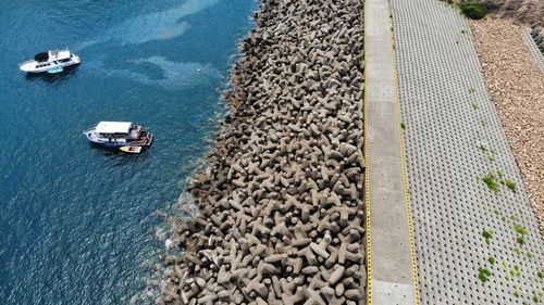 High angle view of boats in sea