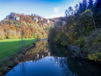 Scenic view of lake against sky during autumn