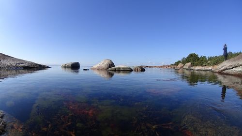 Reflection of clear blue sky on water