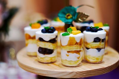 Close-up of cake served on table