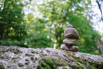Close-up of stone stack on rock