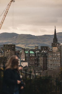 High angle view of city at sunset