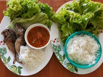 High angle view of breakfast served on table