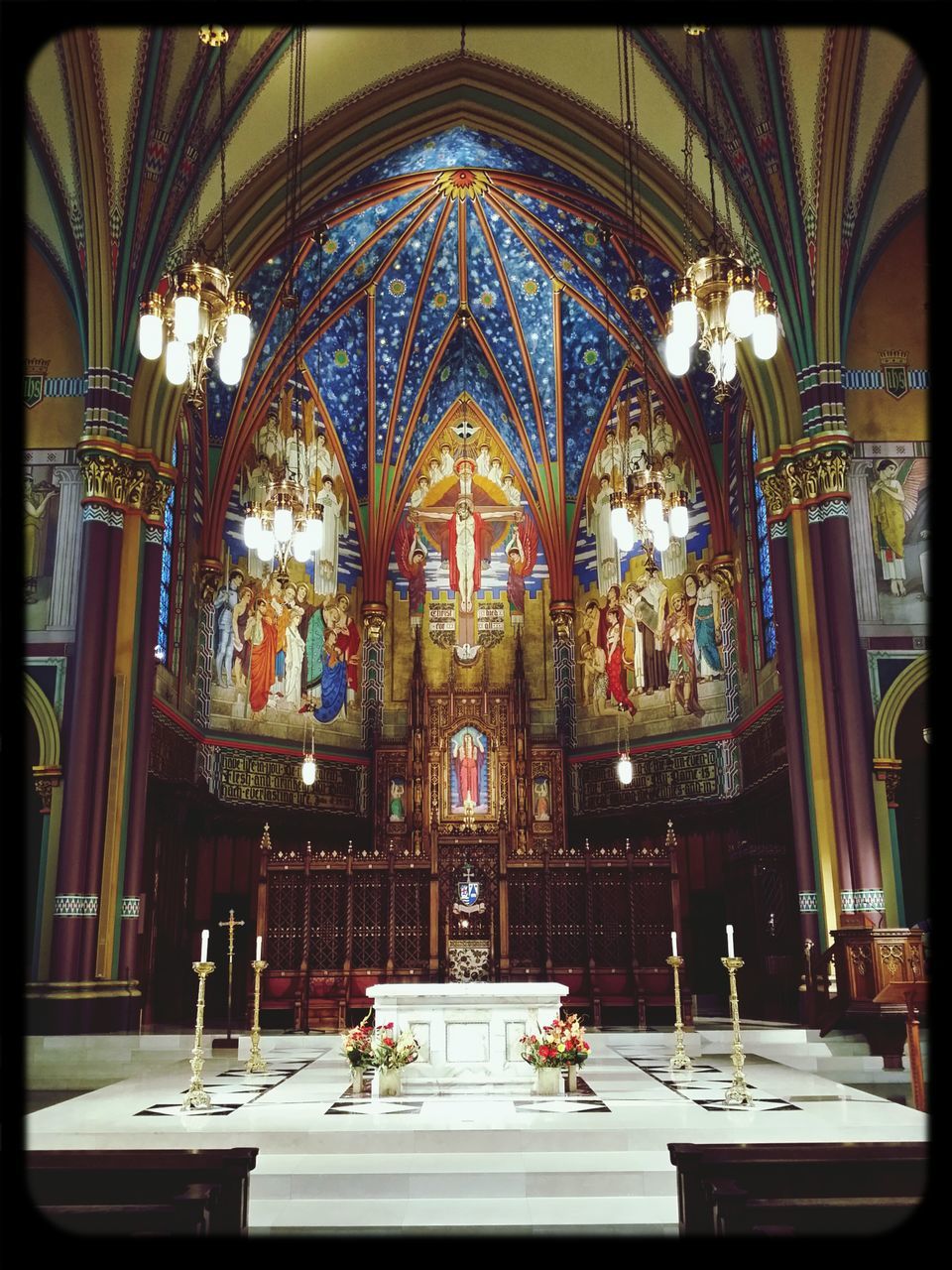 place of worship, religion, spirituality, church, indoors, cathedral, transfer print, architecture, built structure, temple - building, ornate, human representation, arch, auto post production filter, art and craft, entrance, statue