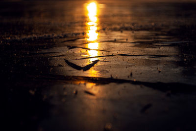 Surface level of wet road during sunset