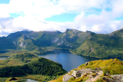 Scenic view of lake and mountains against sky