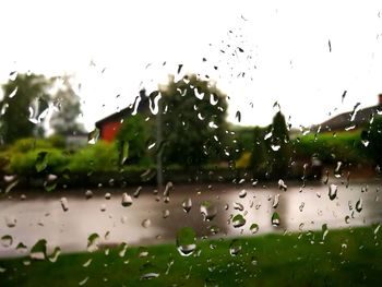 Close-up of water drops on window against sky