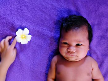 Cropped hand of person holding flower by baby lying on bed at home