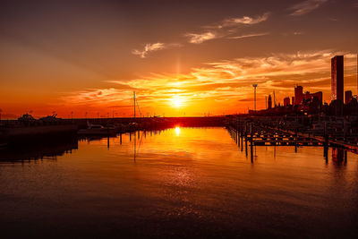 Scenic view of river by silhouette buildings against sky during sunset