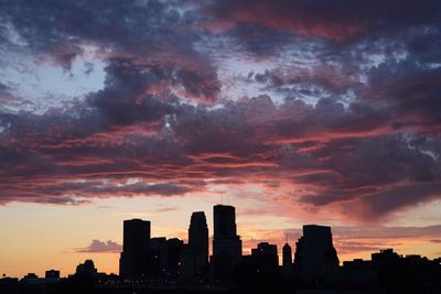 Silhouette of city at sunset