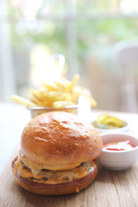 Close-up of burger on table