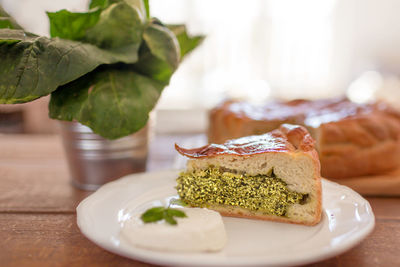 Close-up of spanakopita in plate on table