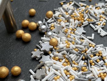 High angle view of candies on table
