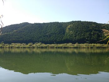 Scenic view of calm lake against mountain range