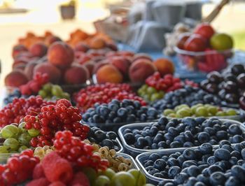 Redcurrants, raspberries, gooseberries, billberries and other fruit and vegetables for sale .