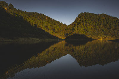 Scenic view of lake by mountain against sky