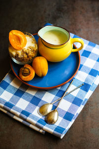 High angle view of breakfast on table