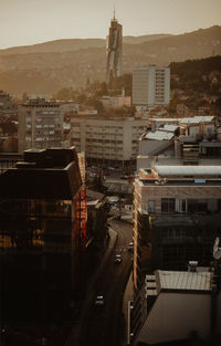 High angle view of buildings in city