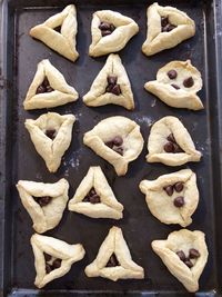 Directly above view of chocolate chips cookies on baking sheet