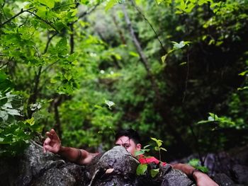 Rear view of man on rock in forest