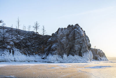 Scenic view of snow covered land against clear sky