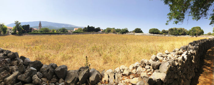Panoramic view of field against clear sky