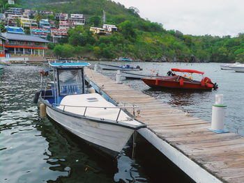 High angle view of boats moored on river