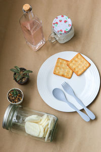 High angle view of breakfast served on table