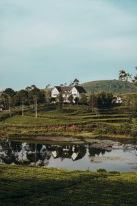 Houses on field by lake against sky