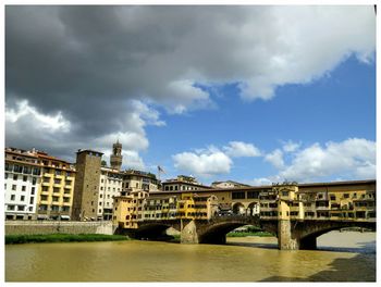 Bridge over river against cloudy sky