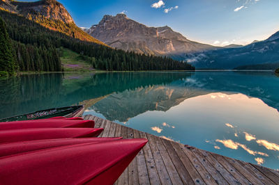 Scenic view of lake by mountains against sky