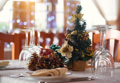 Close-up of christmas tree on table